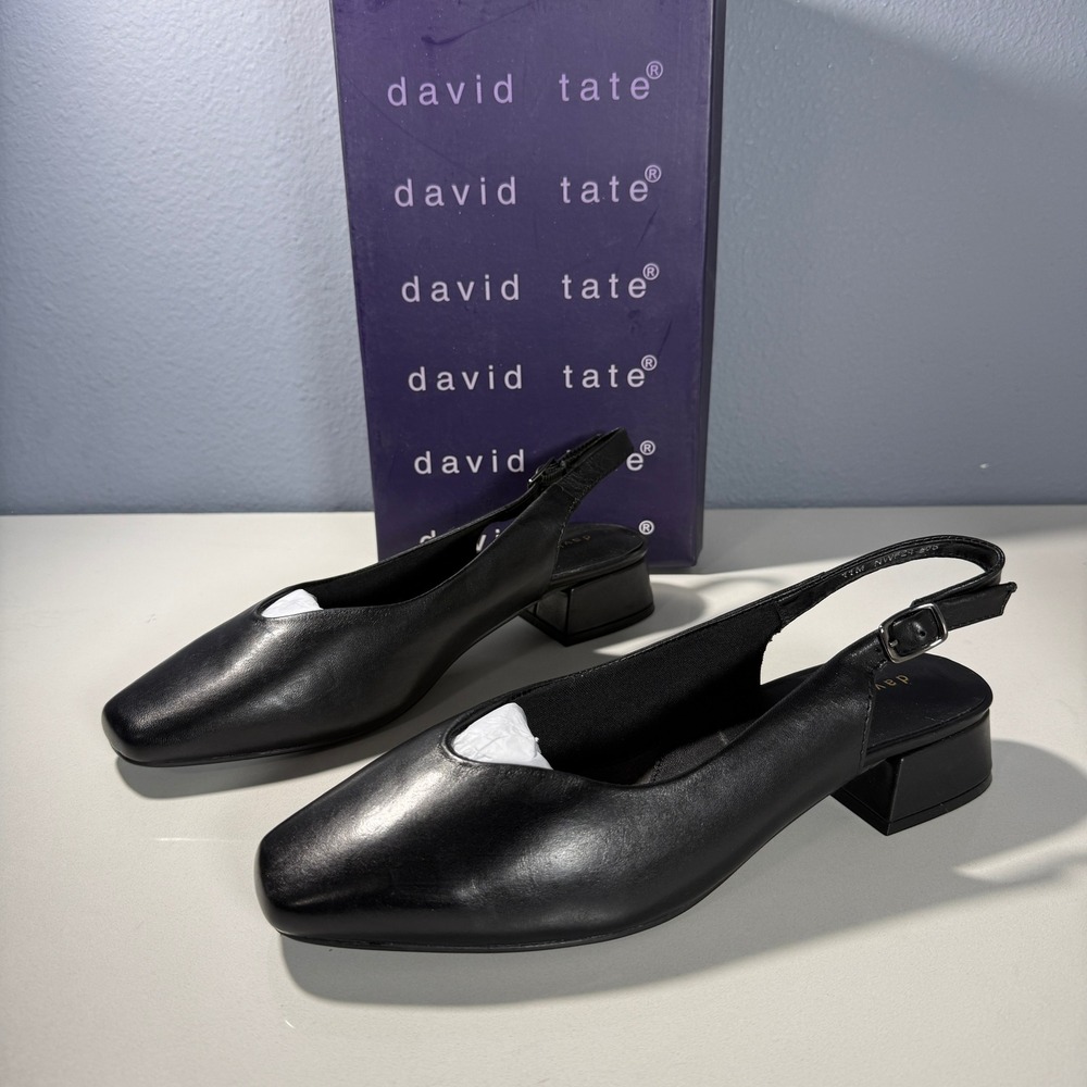David Tate Sugar Black Nappa Leather Slingback‎ Block Heel Shoes Size 11M
